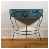 DEMILUNE PLANT STAND  |  Painted metal (faux patinated copper) demilune plant stand with scrolled le