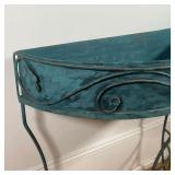 Painted metal (faux patinated copper) demilune plant stand with scrolled leafy accents - l. 30-1/4 x