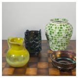 (4pc) ASSORTMENT OF GLASS PIECES  |  An iridescent pitcher, pressed glass iridescent dish, a stained