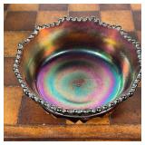  iridescent dish, a stained glass vase, and a yellow glass pitcher - h. 6.5 x dia. 6 in.