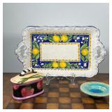 (3pc) PORCELAIN ASSORTMENT  |  A porcelain tray with lemon pattern, a small blue porcelain dish and 