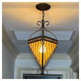 BEADED LIGHTING FIXTURE  |  Ceiling light with a metal frame, having a sheer / gauze fabric behind i