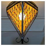 Ceiling light with a metal frame, having a sheer / gauze fabric behind iridescent faceted beads - w.