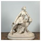 CLASSICAL SCULPTURE  |  Showing a figure seated on a large mountain lion or beast. Heavy! - w. 12 x 