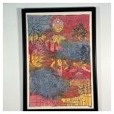 COLORFUL FRAMED BATIK  |  Colorful batik painting or print on fabric showing people, trees, and more