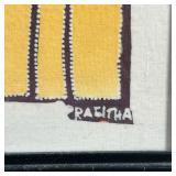 batik painting or print on fabric showing people, trees, and more! Signed lower right, Praeitha (?) 