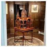 BIRDCAGE ON STAND  |  Intricately carved birdcage top (27.5 x 27 x h. 45 in.) mounted on a stand wit