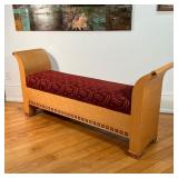 CONTEMPORARY BURL BENCH  |  Scrolled sides, the bottoms inlaid with contrasting woods, having a cush