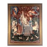 NEEDLEPOINT EMBROIDERED SCENE  |  Showing two figures with a unicorn and lion among smaller animals,