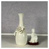 (2pc) BLANC DE CHINE PORCELAIN  |  Including a vase with applied flower, signed and dated 82 on the 