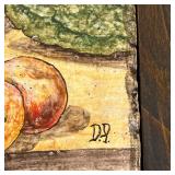 Painted pottery tiles, three individual tiles together forming a still life, signed with initials "D