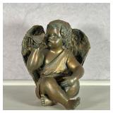 COMPOSITION ANGEL  |  Cherub or angel seated and holding a bird, bronze style composition statue - w