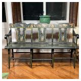 FANCY PAINTED BENCH  |  Having three seats, painted crest rail and splats decorated with stencils of
