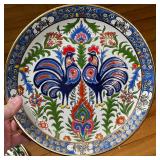 gilt highlights, one showing a peacock, the other showing two roosters - dia. 9.5 in.