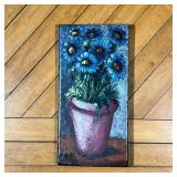 STILL LIFE TILE  |  Pained tile with flowers in a terracotta pot, signed lower left - w. 6 x h. 12.2