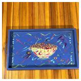 PAINTED FOLK ART TRAY  |  Paint decorated with overall blue paint, signed "Sun Garden" - l. 26.5 x w