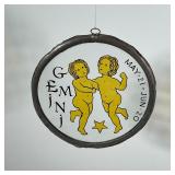 GEMINI SUN CATCHER  |  Stained glass Gemini window hanging showing twins over a star, handmade - dia