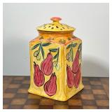 GLAZED POTTERY JAR  |  Lidded kitchen canister, decorated with pears, signed "Adams" on the bottom -