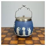 WEDGWOOD BISCUIT JAR  |  Cameo decoration with silverplate hardware - h. 9 in. (over handle)