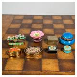 (8pc) LIMOGES BOXES  |  Small Limoges pill / trinket boxes, many with porcelain, one with needlepoin