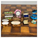 Limoges pill / trinket boxes, many with porcelain, one with needlepoint, and one of metal, possibly 