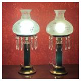 (2pc) PAIR GLASS & BRASS LAMPS  |  With etched glass shades and crystal drops on brass cylindrical b