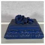 BLUE CARVED WOOD BOX  |  Carved and blue painted wood box with a lift top lid having an intricately 