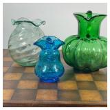 (3pc) ASSORTED GLASS PIECES  |  Two color glass pitchers and one vase - h. 6.75 x dia. 6 in