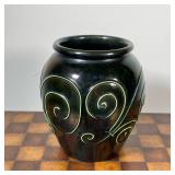 BLACK SPIRAL VASE  |  Black vase with green incised spiral design - h. 8 x dia. 7.5 in.