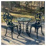 (3pc) OUTDOOR PATIO SET  |  Bistro / cafe set with rose pattern, comprising a round glass top table 