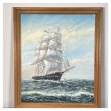 SEASCAPE SHIP PAINTING  |   Oil on canvas, signed lower left Roger More - w. 23 x h. 27 1/4 in.