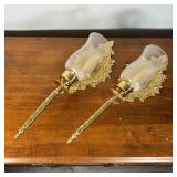 PAIR BRASS WALL SCONCES  |   Pressed brass with glass hurricane shades, made in India - w. 6 1/2 x h