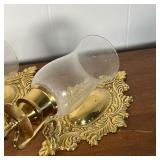 PAIR BRASS WALL SCONCES  |   Pressed brass with glass hurricane shades, made in India - w. 6 1/2 x h