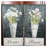 (2pc) FLOWER PRINTS  |   French-themed flower art on canvas in distressed wood frames - w. 15 1-2 x 