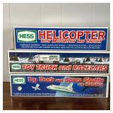 (3pc) HESS TRUCKS  |   Hess gasoline and other trucks, including a Helicopter with Motorcycle and Cr