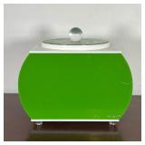 MID CENTURY ICE BUCKET  |   Green Bucket Brigade ice bucket with lucite feet and finial, with origin