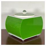 Green Bucket Brigade ice bucket with lucite feet and finial, with original lucite tongs