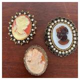 (3pc) CAMEO PINS  |   Two with pearl surround - h. 2 1/2 in. (largest)