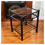 GLASS TOP SIDE TABLE  | On a black metal frame with lower shelf