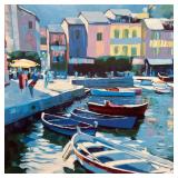 CANAL SCENE POSTER  | Poster of a painting of a canal or Harbor with boats and figures - w. 40 x h. 
