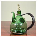 UNUSUAL GREEN GLASS POT  |   Green Italian pot with a brass and cork stopper - h. 10 1/2 in.