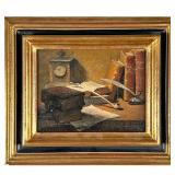 GUERINO ANGELI (b. 1926)  |   Still Life With Books Showing books, a pipe, a quill pen, and a clock 