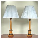 (2pc) PAIR TURNED WOOD LAMPS  |   Turned oak with Ebony rings and felt bases - h. 27 x dia. 14 in. (