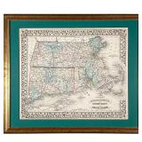 FRAMED COUNTY MAP  |   County map of Massachusetts, Connecticut, and Rhode Island, in a gilt frame -