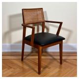 MID-CENTURY ARMCHAIR  |   Mid century modern wood arm chair with a black leather cushion seat (remov