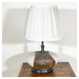LARGE STONEWARE LAMP  |   Heavy! Bulbous stoneware pottery table lamp, with a wide round base, appar