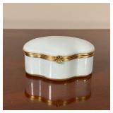 LIMOGES PORCELAIN BOX  |   Small trinket box, white porcelain with gilt metal trim, marked on the bo