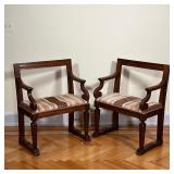 PAIR CARVED BENCHES  |   Carved wood benches of small size, with armrests and open back, with stripe