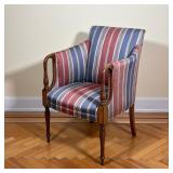 UPHOLSTERED ARMCHAIR  |   With Hickory North Carolina label on the bottom, having striped upholstery