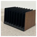 VINTAGE DESKTOP FILE ORGANIZER  | Wood, laminate stickers, and steel - l. 15 x w. 11 x h. 9.5. in.
